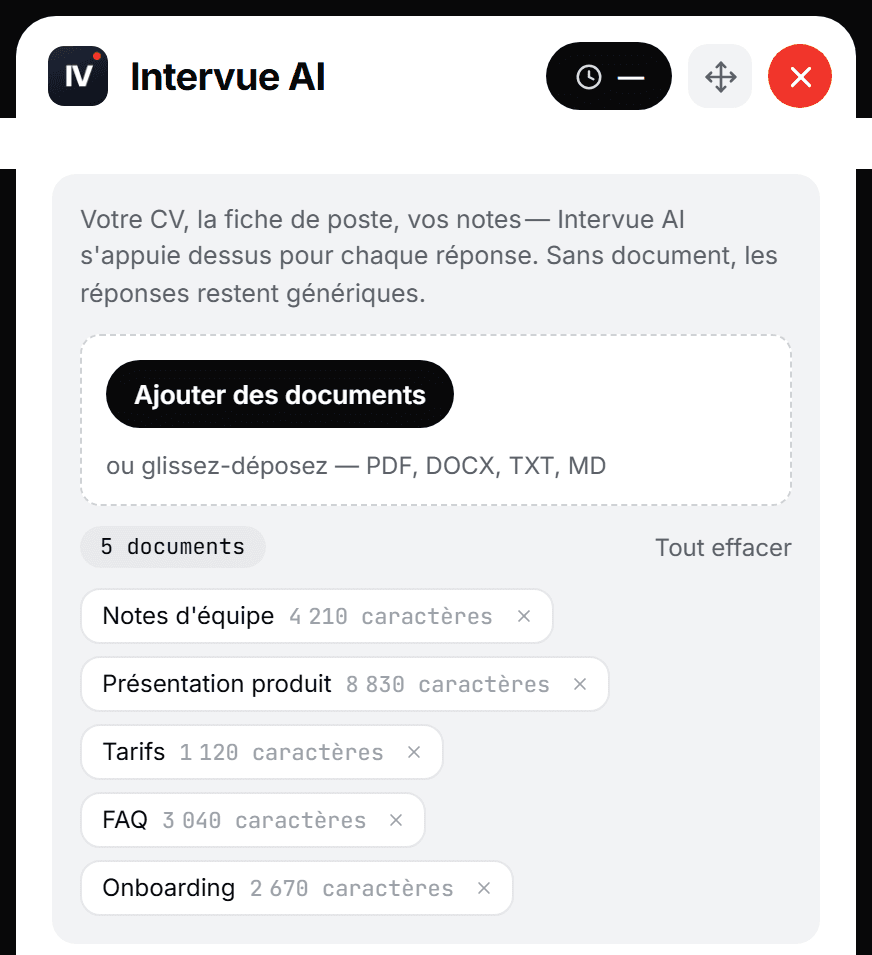 Le panneau Contexte d'Intervue AI, avec cinq documents importés : Notes d'équipe, Présentation produit, Tarifs, FAQ, Onboarding.