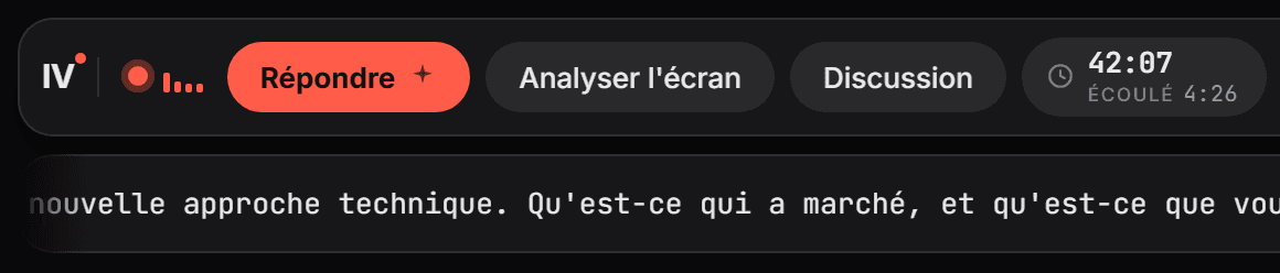 La barre d'outils Intervue AI pendant l'écoute, avec la transcription en direct sous la barre.