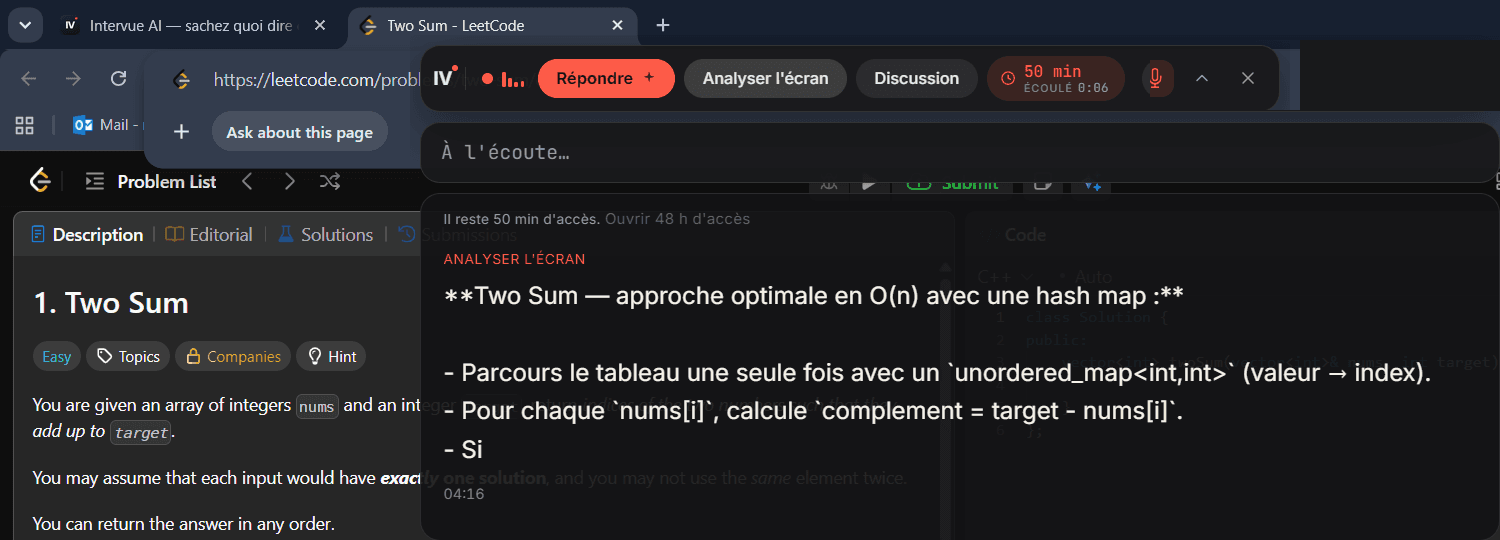 Intervue AI analysant un vrai problème LeetCode (Two Sum) et proposant une approche par hashmap en O(n).