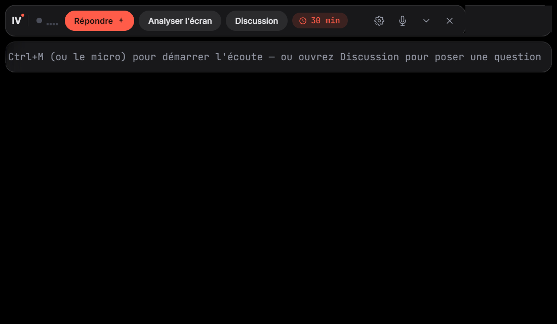 Intervue AI en direct : Ctrl+M démarre l'écoute, une question tapée dans Discussion obtient une vraie réponse générée par le modèle en quelques secondes.
